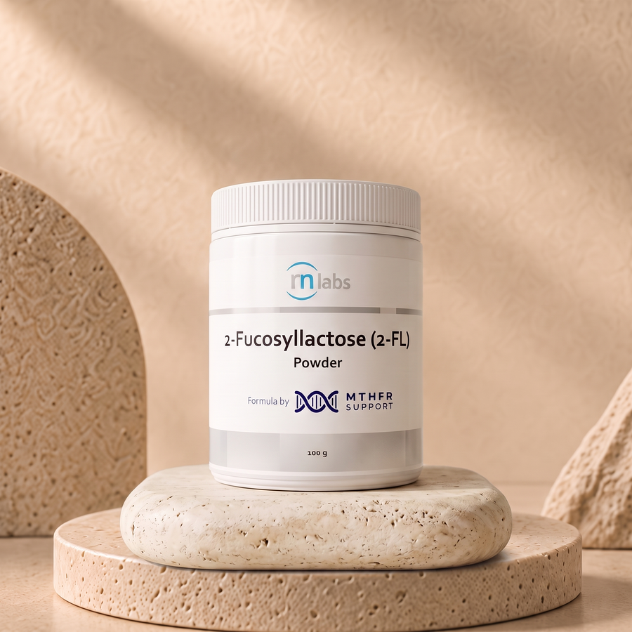 RN Labs 2-Fucosyllactose 100g on a warm stone platform