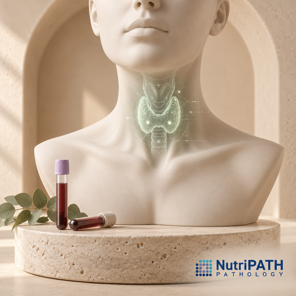 OptiLabs original NutriPATH thyroid testing illustration; conceptual anatomy and generic blood collection cue